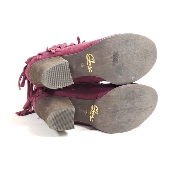 Sbicca Womens 7.5 Suede Fringe Heeled Ankle Boots Burgundy Western Style - Picture 7 of 9